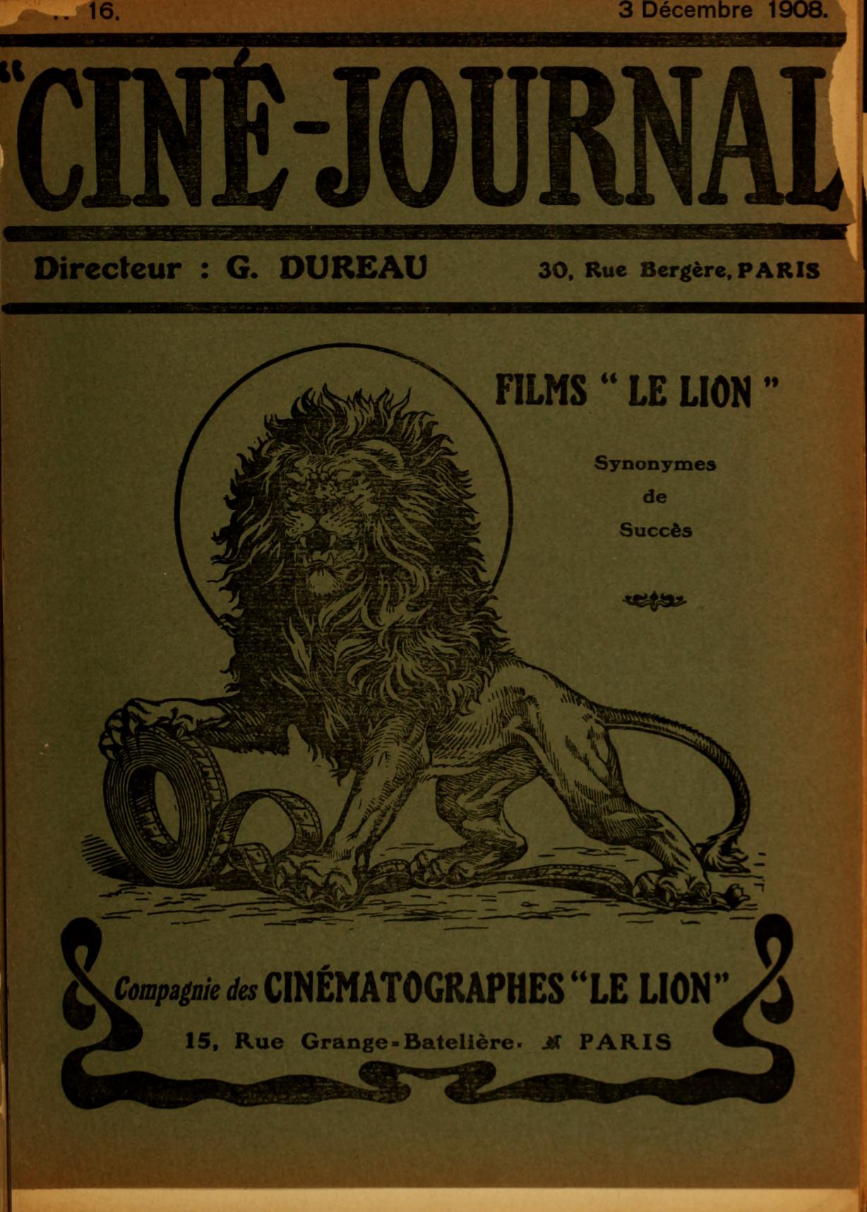 CINE-JOURNAL, LE JOURNAL DU FILM magazine side cover Issue 16 3 December 1908