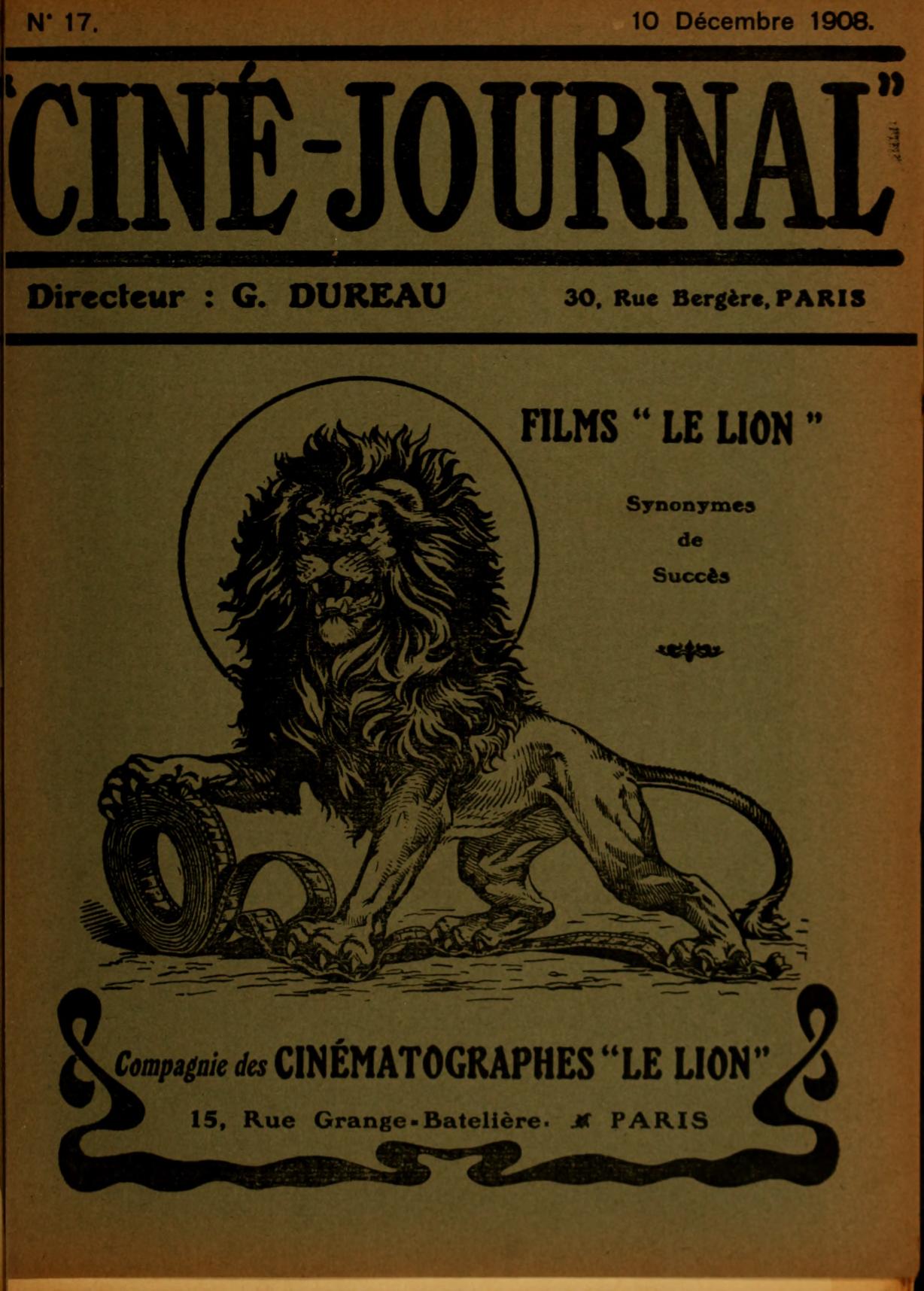 CINE-JOURNAL, LE JOURNAL DU FILM magazine side cover Issue 17 10 December 1908