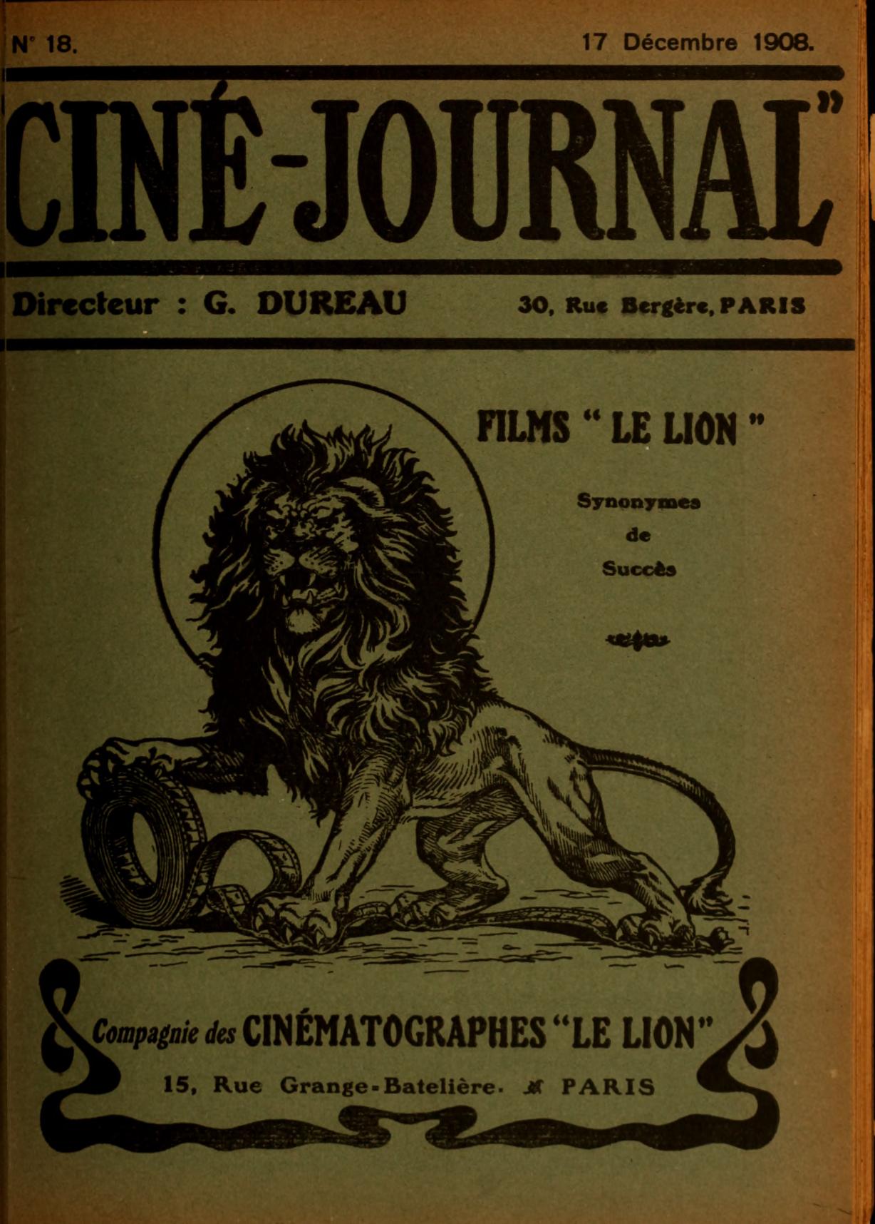 CINE-JOURNAL, LE JOURNAL DU FILM magazine side cover Issue 18 17 December 1908