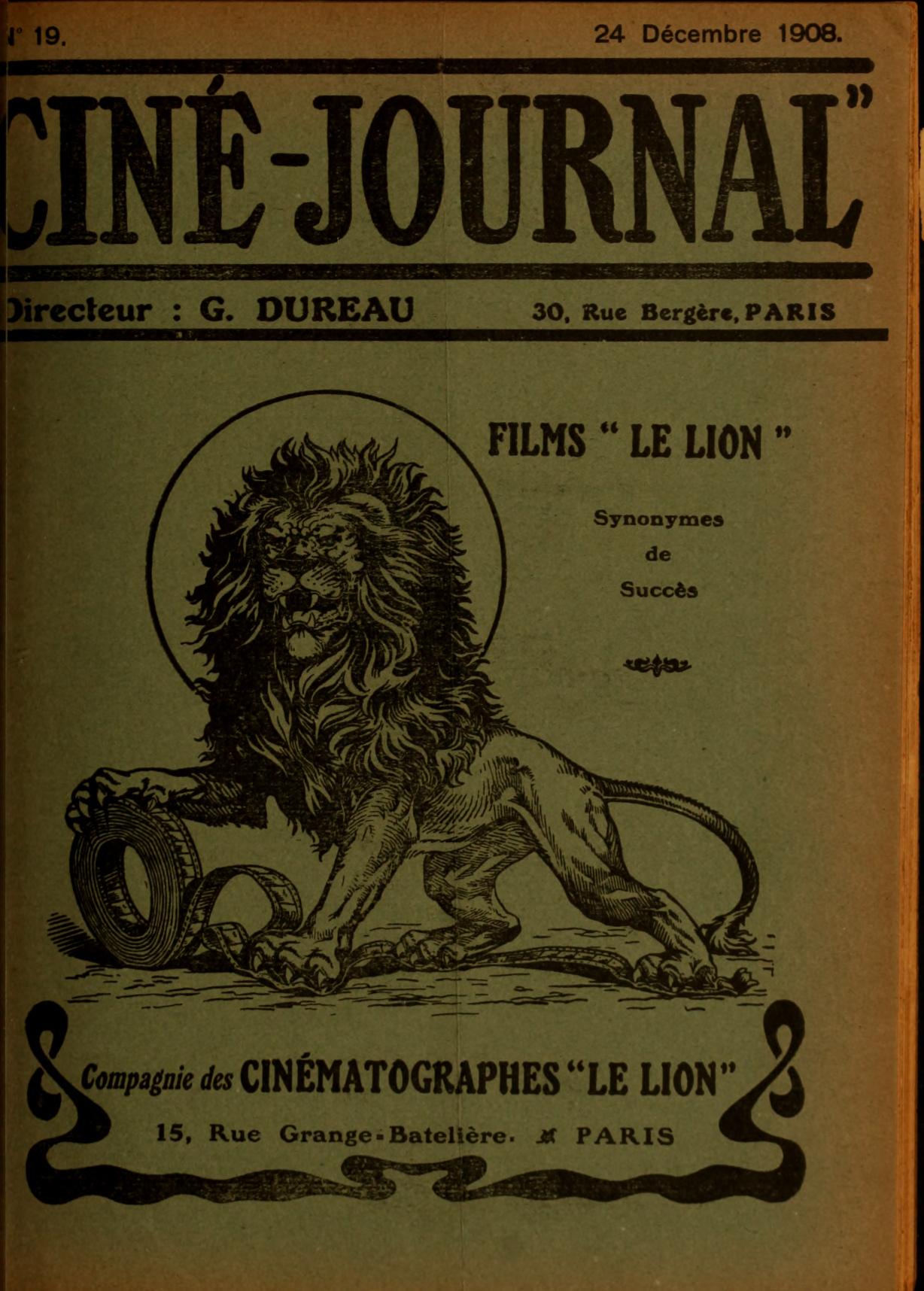 CINE-JOURNAL, LE JOURNAL DU FILM magazine side cover Issue 19 24 December 1908