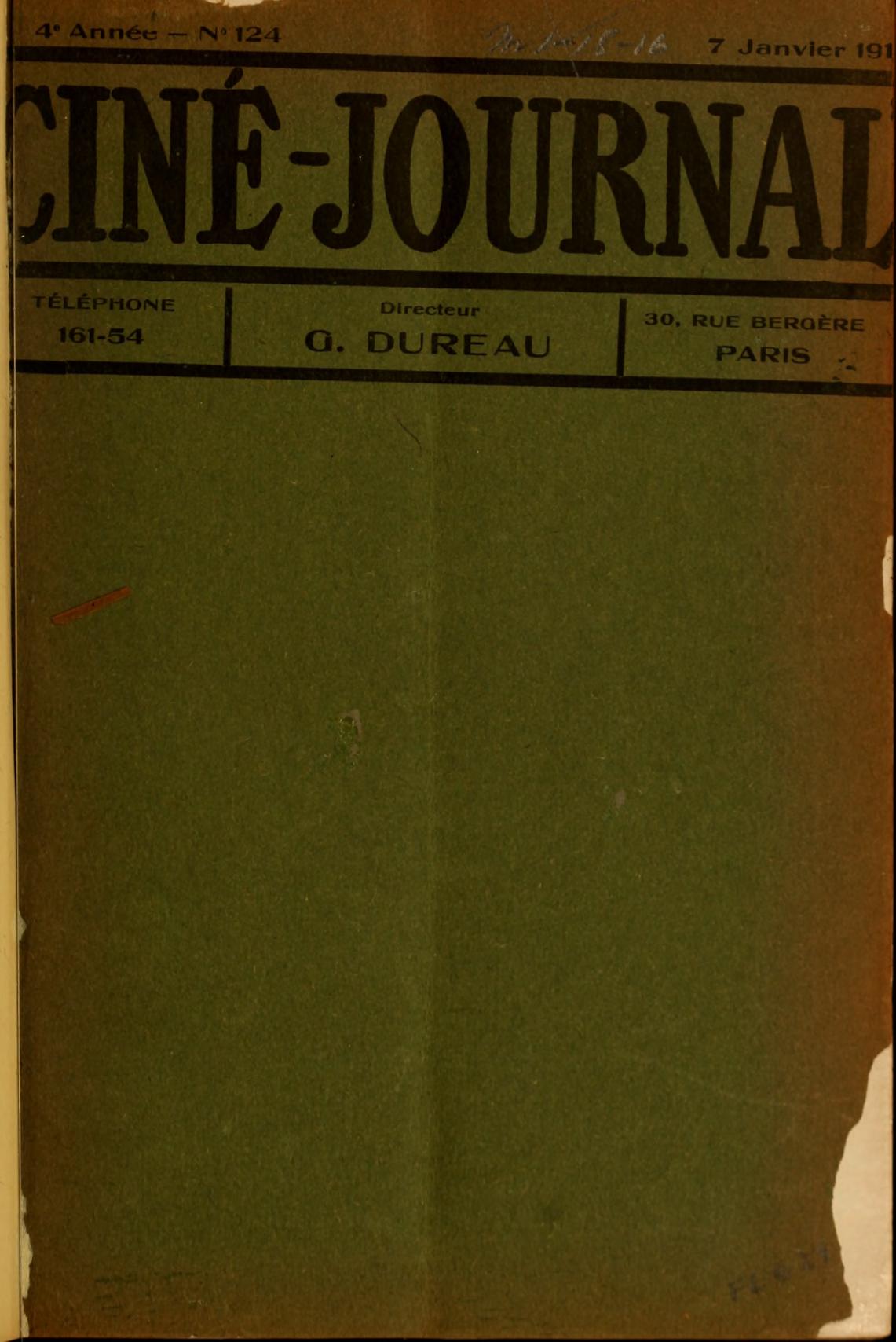 CINE-JOURNAL, LE JOURNAL DU FILM magazine side cover Issue 124 7 January 1911