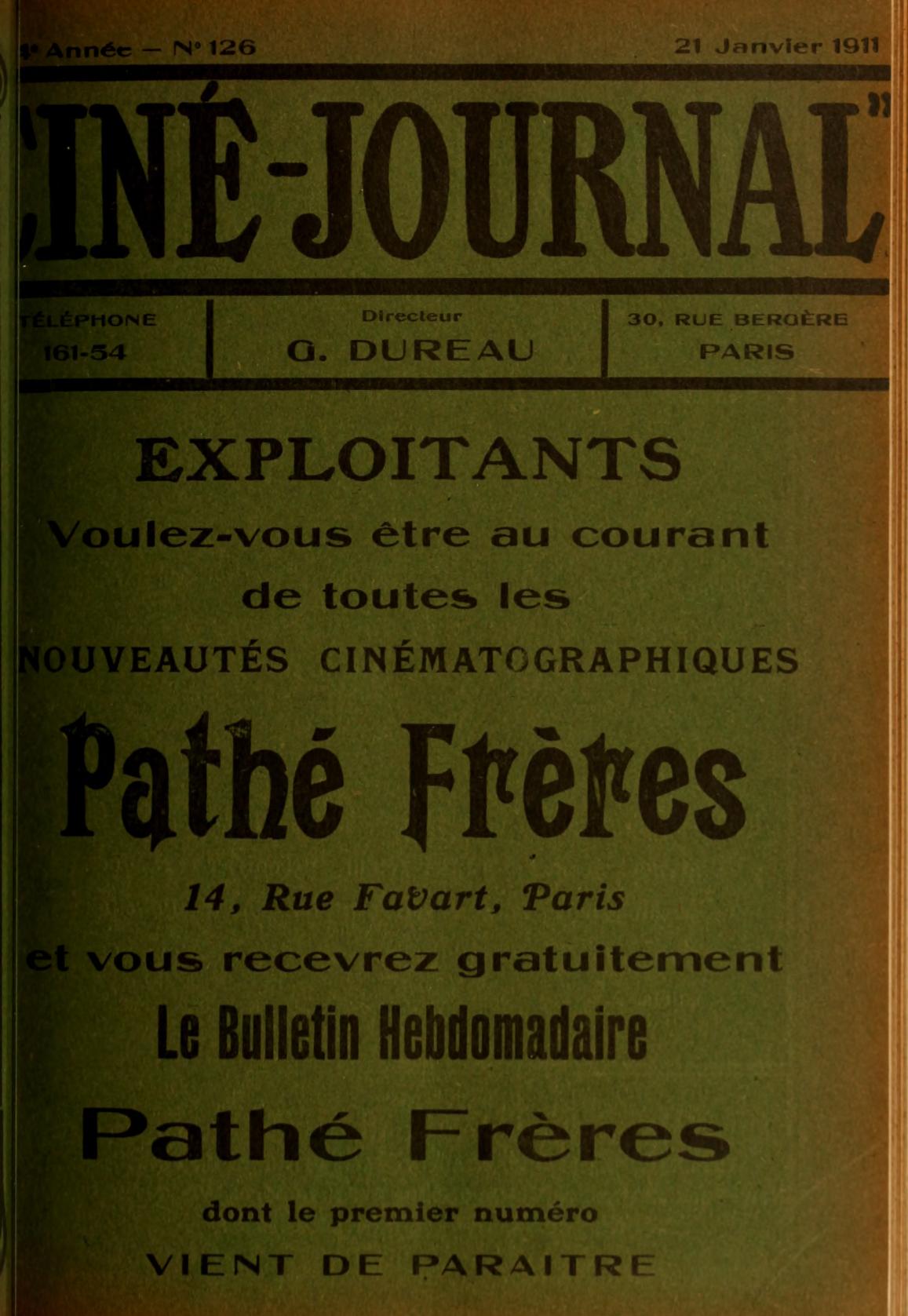 CINE-JOURNAL, LE JOURNAL DU FILM magazine side cover Issue 126 21 January 1911