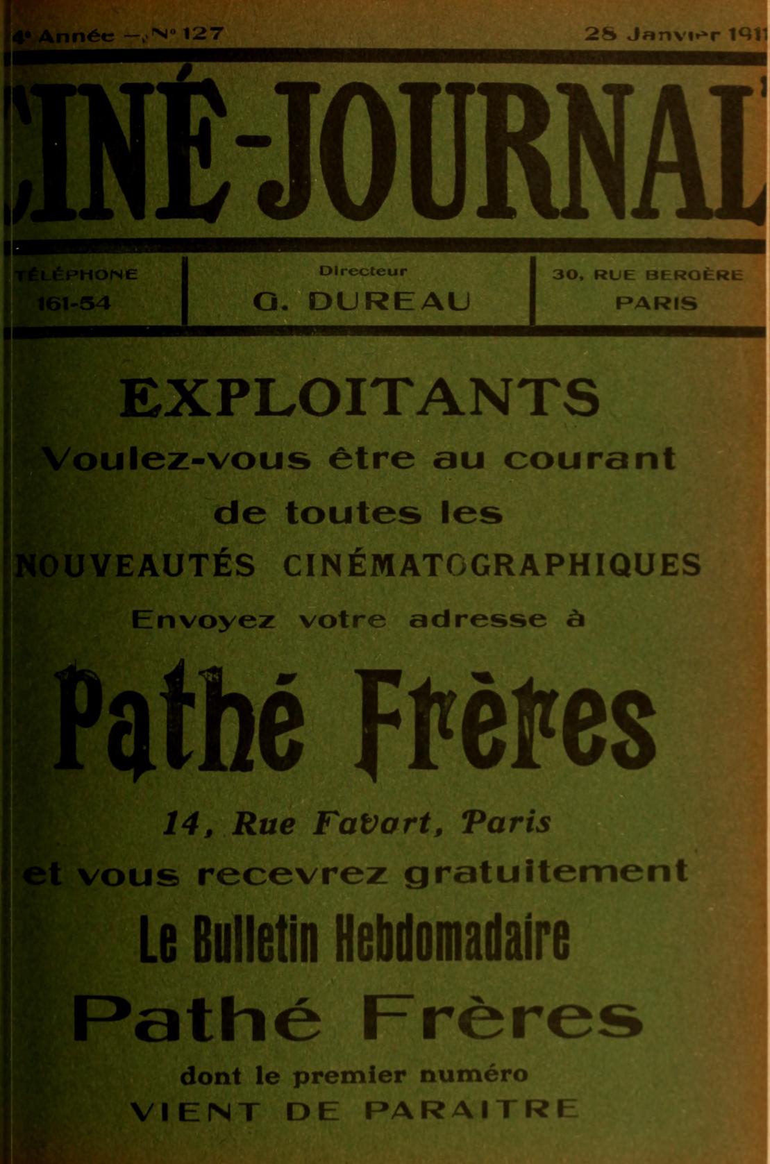 CINE-JOURNAL, LE JOURNAL DU FILM magazine side cover Issue 127 28 January 1911
