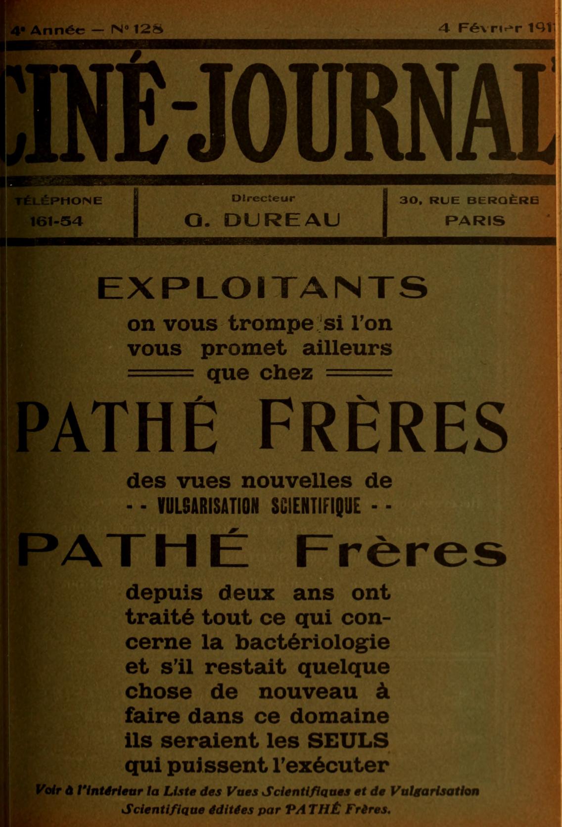 CINE-JOURNAL, LE JOURNAL DU FILM magazine side cover Issue 128 4 February 1911