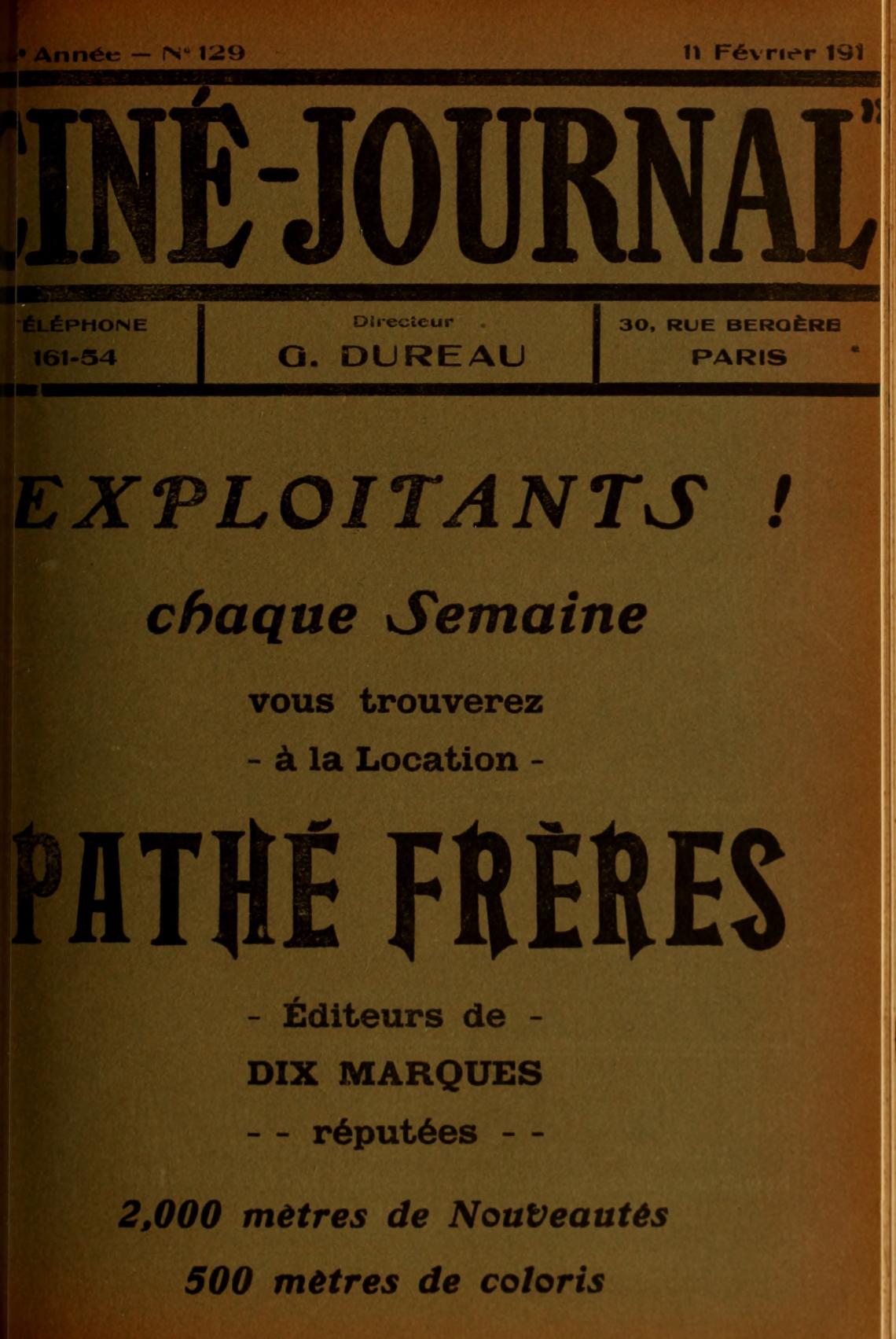CINE-JOURNAL, LE JOURNAL DU FILM magazine side cover Issue 129 11 February 1911