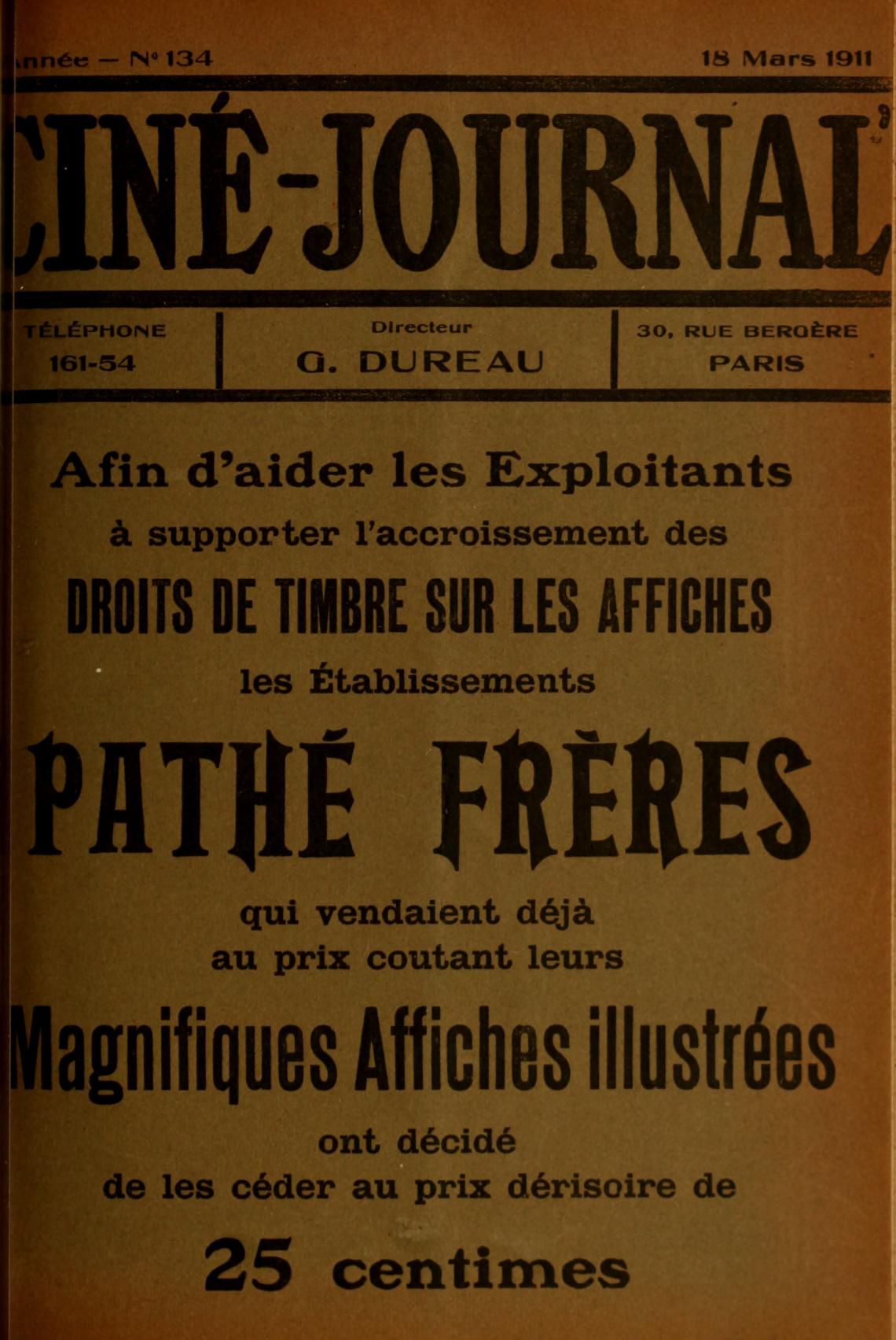 CINE-JOURNAL, LE JOURNAL DU FILM magazine side cover Issue 134 18 March 1911