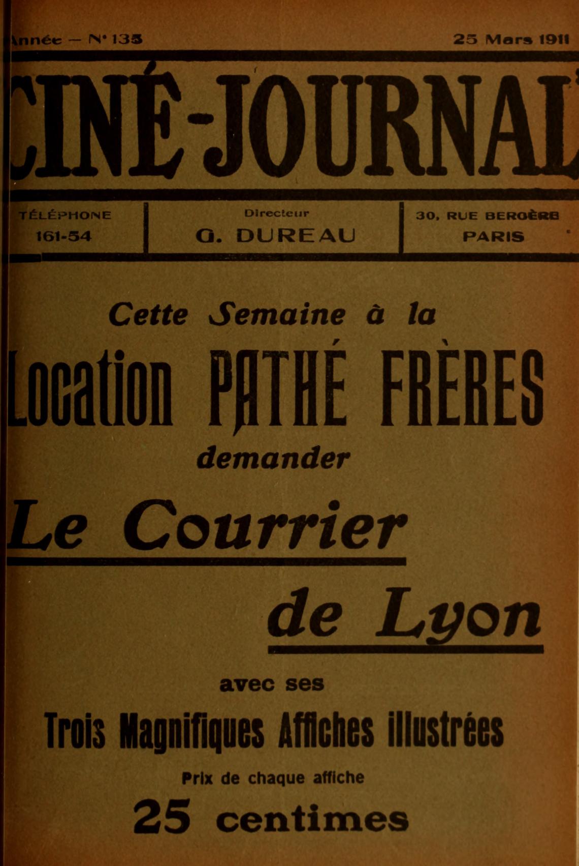 CINE-JOURNAL, LE JOURNAL DU FILM magazine side cover Issue 135 25 March 1911