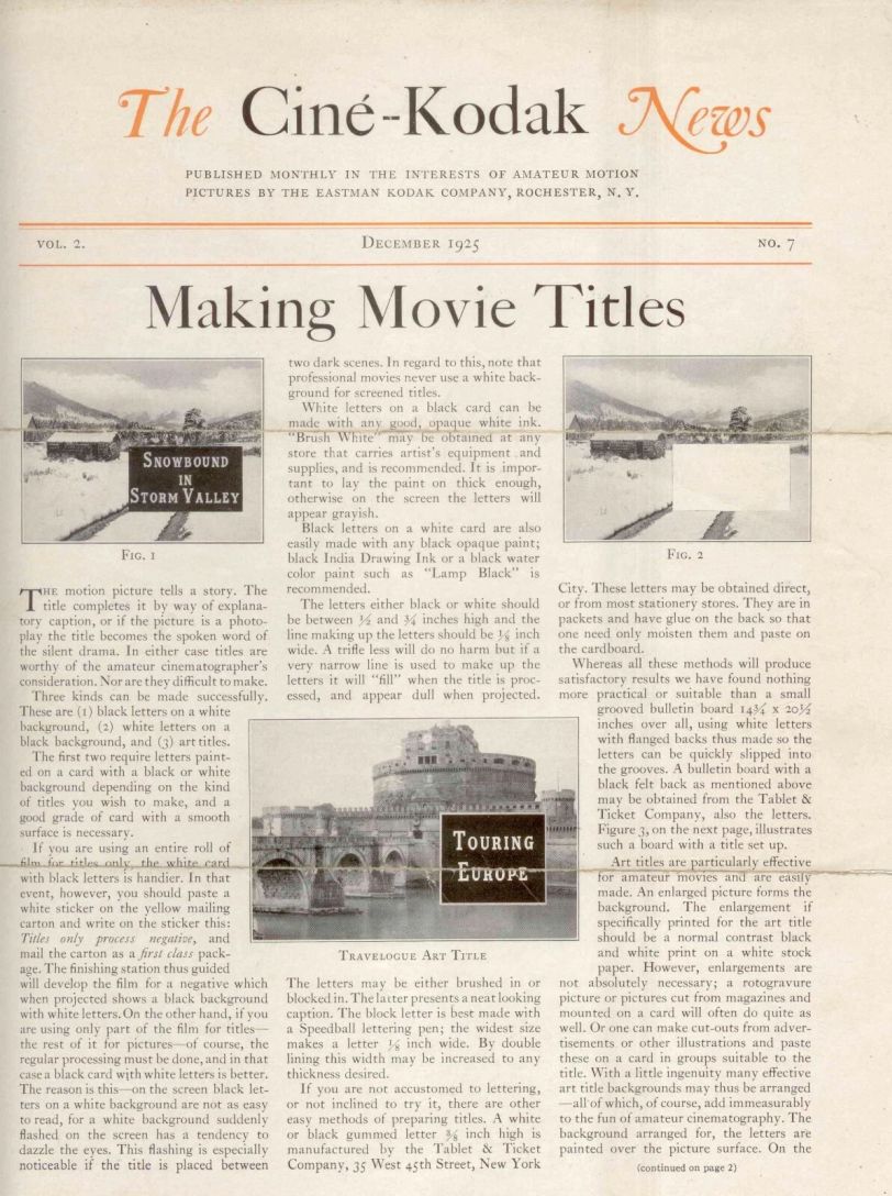 CINE-KODAK NEWS magazine side cover  December 1925