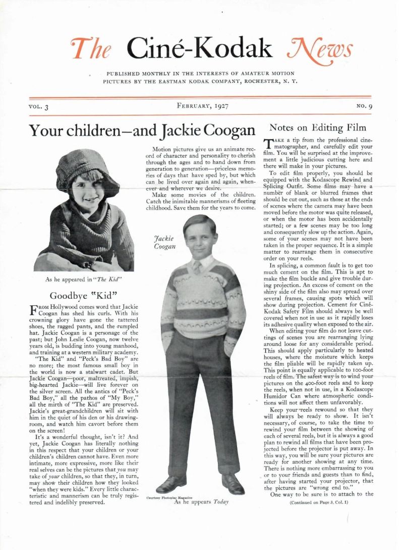CINE-KODAK NEWS magazine side cover  February 1927