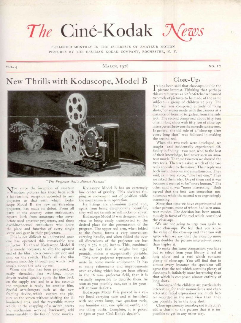 CINE-KODAK NEWS magazine side cover  March 1928
