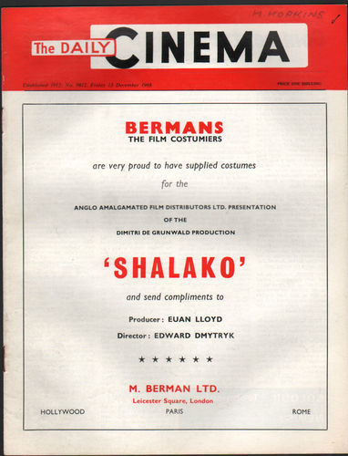 TODAYS CINEMA magazine side cover 13 December 1968