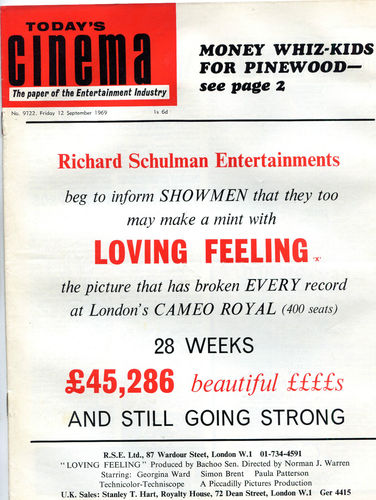 TODAYS CINEMA magazine side cover 12 September 1969