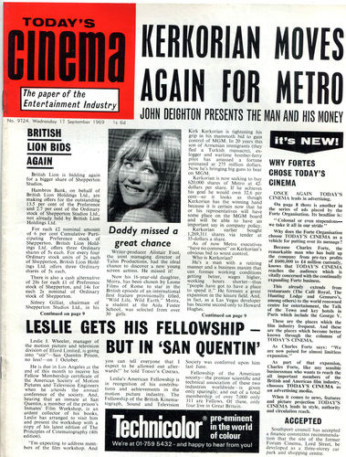 TODAYS CINEMA magazine side cover 17 September 1969