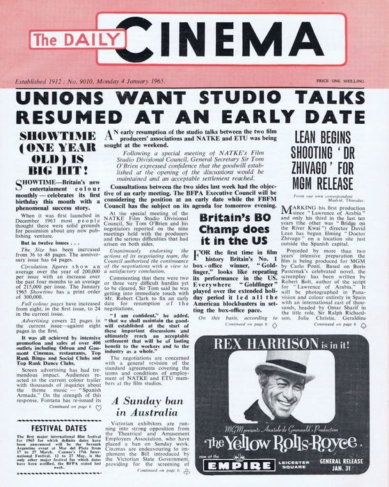 TODAYS CINEMA magazine side cover Issue 9010 4 January 1965