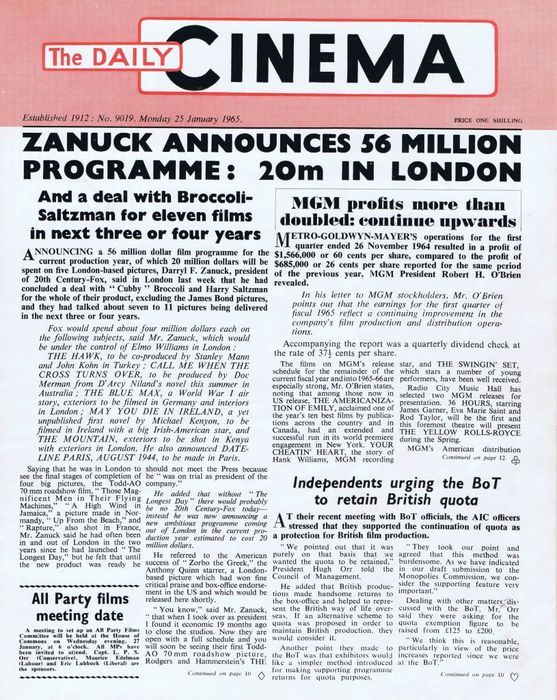 TODAYS CINEMA magazine side cover Issue 9019 25 January 1965