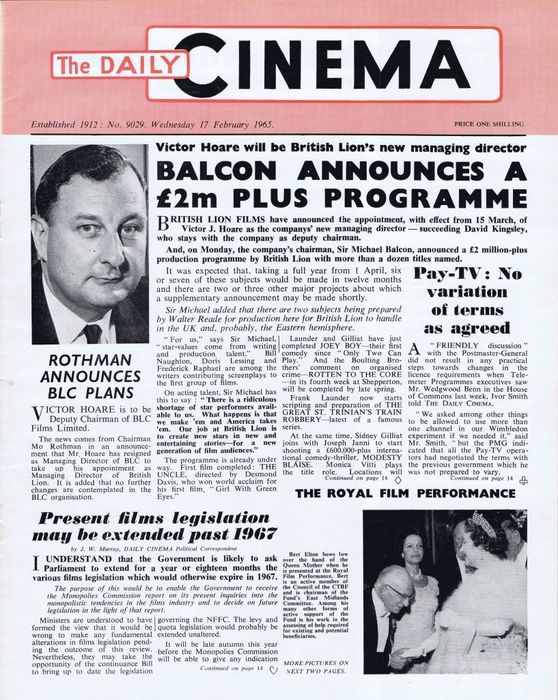 TODAYS CINEMA magazine side cover Issue 9029 17 February 1965