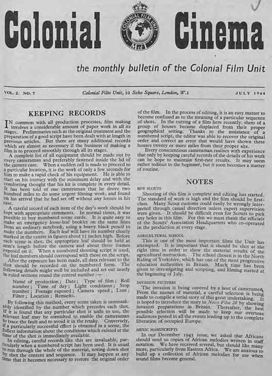 COLONIAL CINEMA magazine side cover July 1944