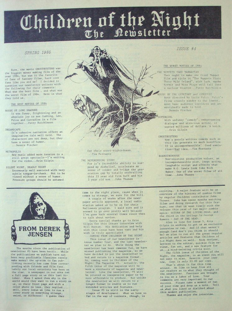 CHILDREN OF THE NIGHT magazine side cover  Newsletter # 4 Spring 1985