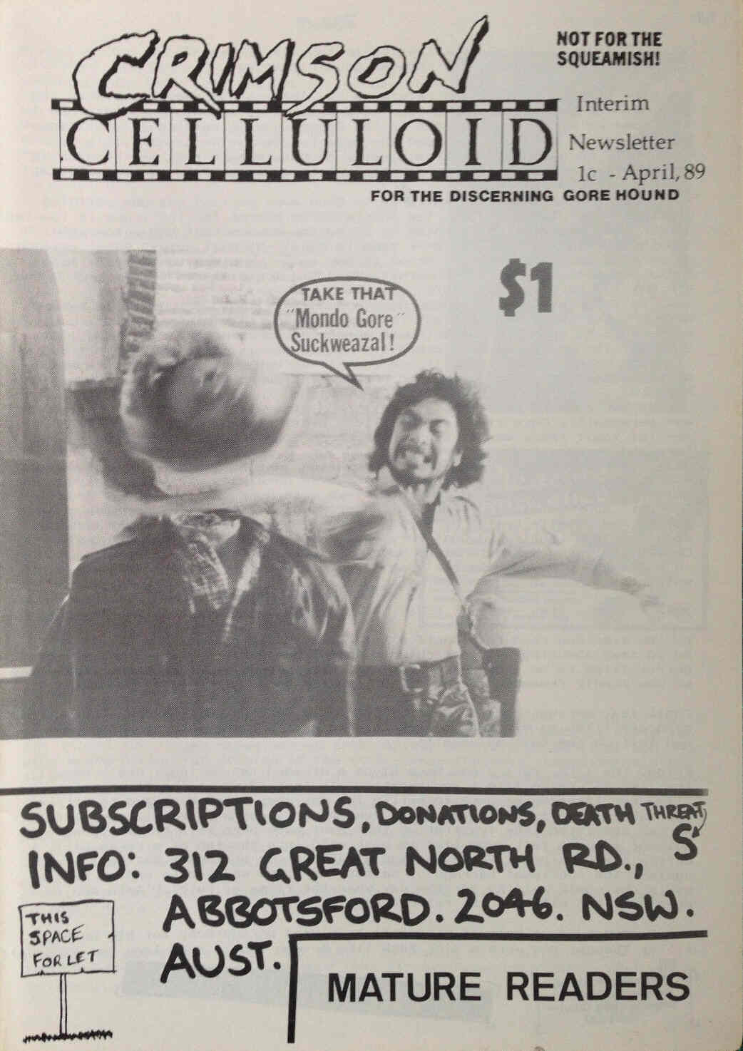 CRIMSON CELLULOID magazine side cover  Subscriber Newsletter April 1989
