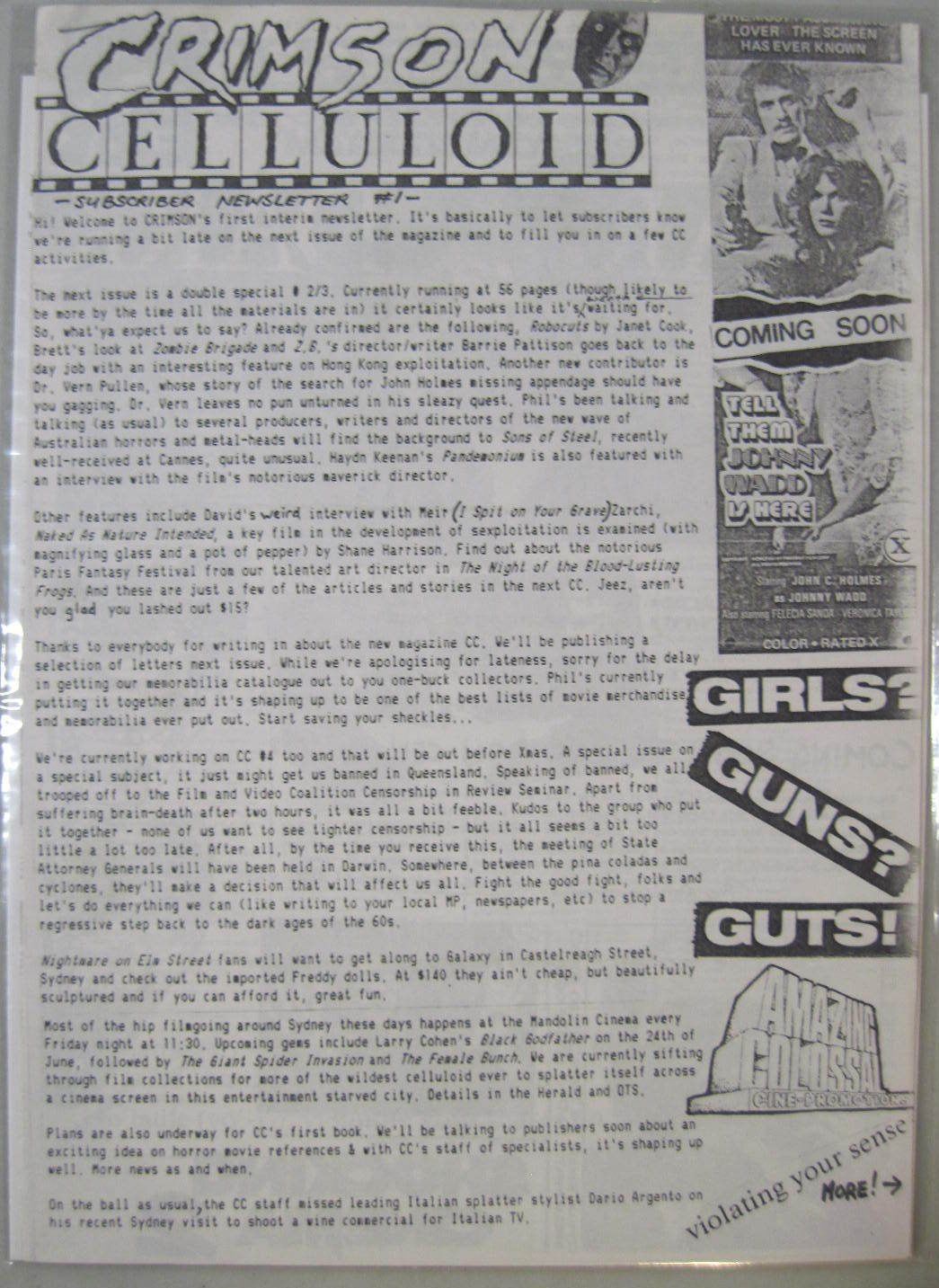 CRIMSON CELLULOID magazine side cover  Subscriber Newsletter #1  1988