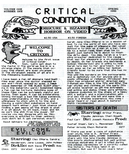 CRITICAL CONDITION magazine side cover Issue 1 Spring 1992