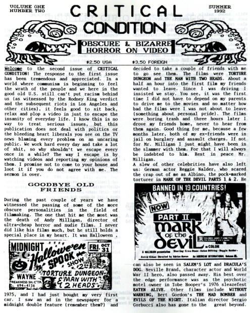 CRITICAL CONDITION magazine side cover Issue 2 Summer 1992