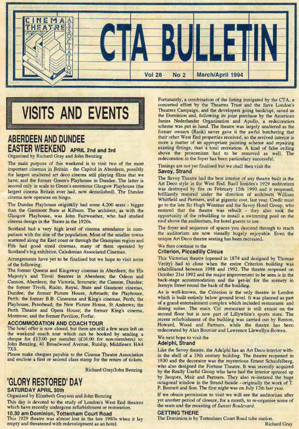 CINEMA THEATRE ASSOCIATION magazine side cover March/April 1994