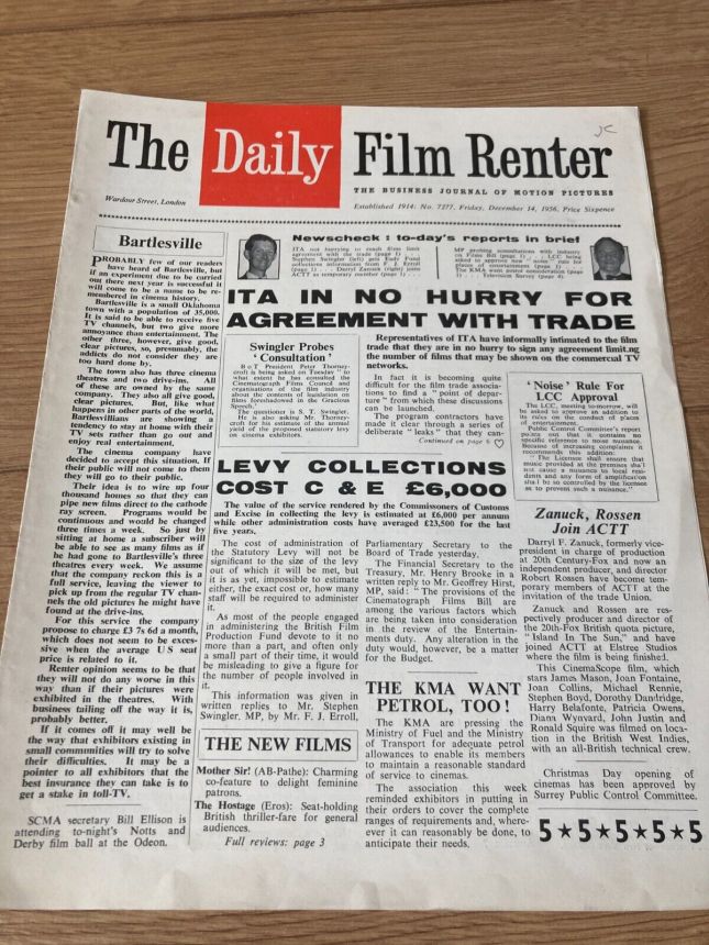 DAILY FILM RENTER magazine side cover Issue 7277 14 December 1956