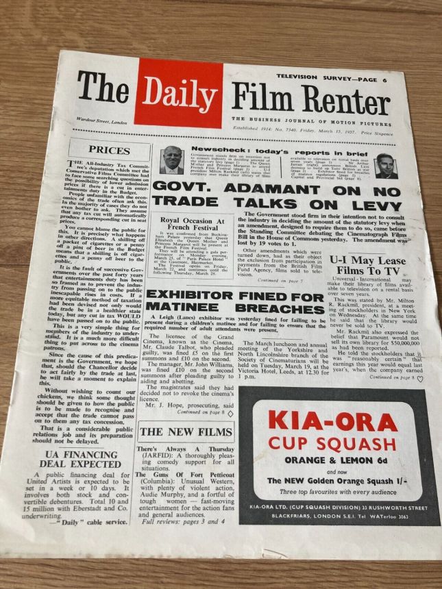 DAILY FILM RENTER magazine side cover Issue 7340 15 March 1957