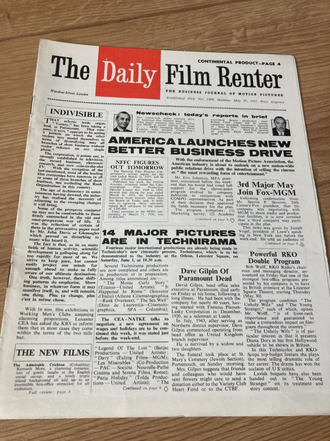 DAILY FILM RENTER magazine side cover Issue 7389 27 May 1957