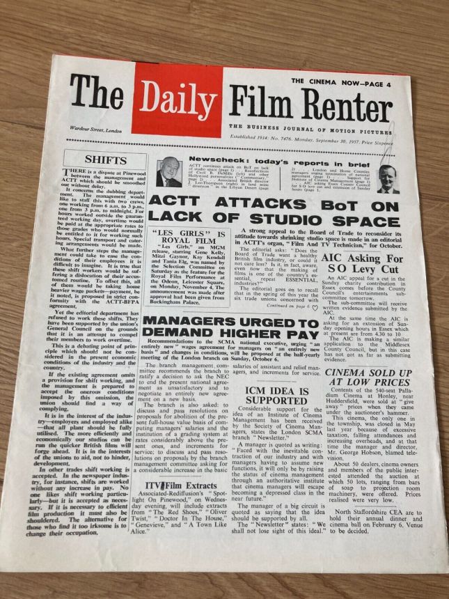 DAILY FILM RENTER magazine side cover Issue 7476 30 September 1957