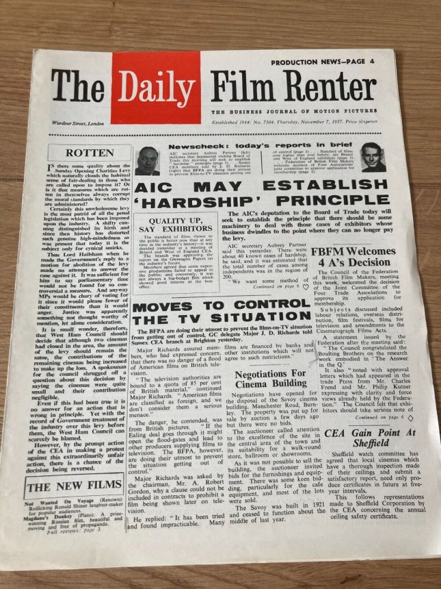 DAILY FILM RENTER magazine side cover Issue 7504 7 November 1957