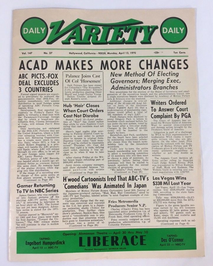 DAILY VARIETY magazine side cover 13 April 1970