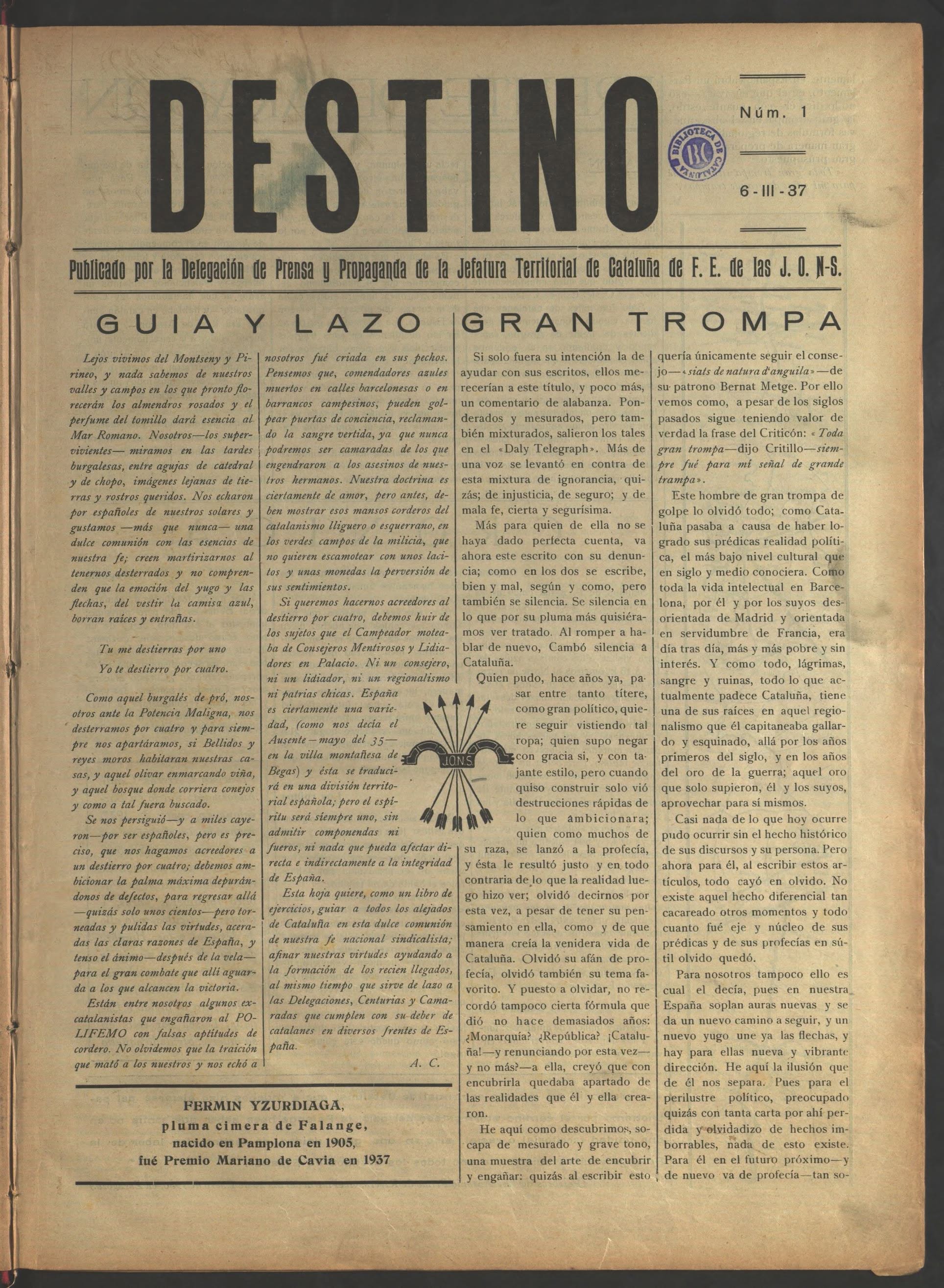 DESTINO magazine side cover Issue 1 6 March 1937