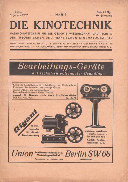 KINOTECHNIK | DIE magazine side cover 5 January 1937