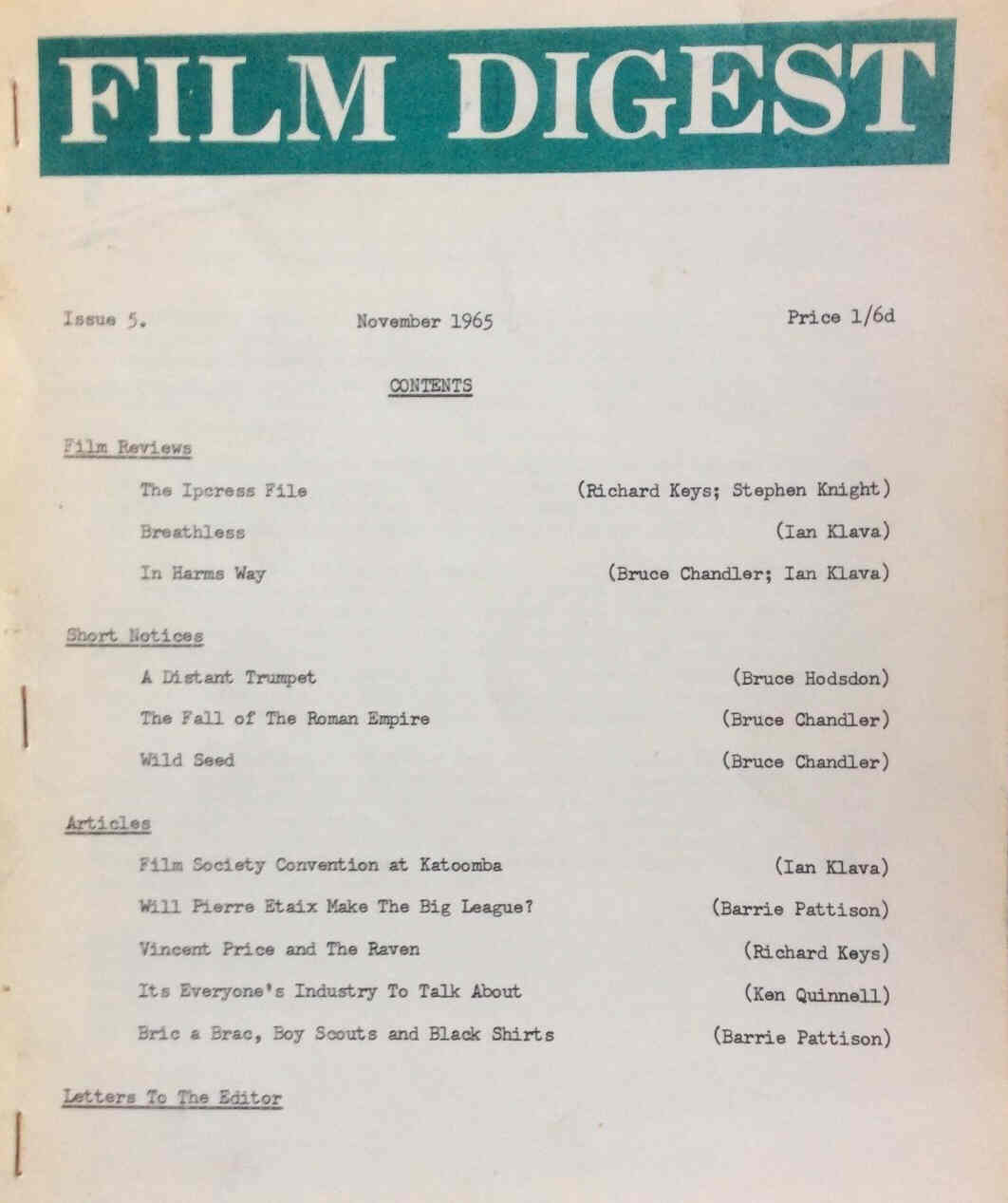 FILM DIGEST (Au) magazine side cover Issue 5 November 1965