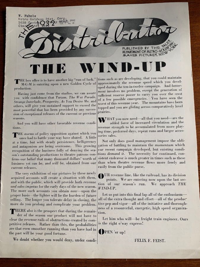 DISTRIBUTOR magazine side cover 9 April 1932