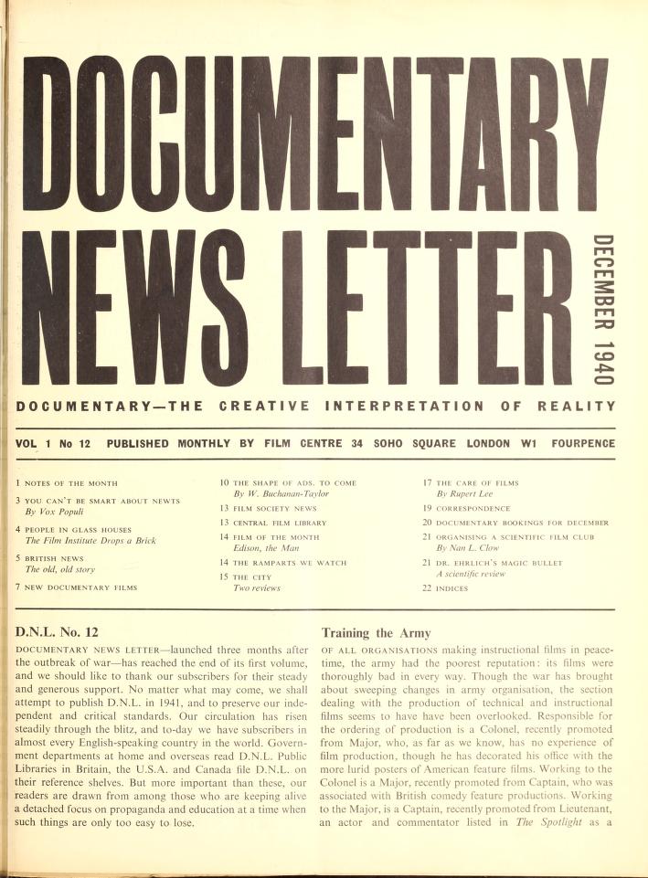 DOCUMENTARY NEWS LETTER magazine side cover Issue 12 December 1940