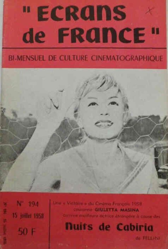 ECRANS DE FRANCE magazine side cover Issue 194 15 July 1958