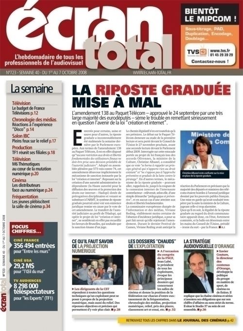 ECRAN TOTAL magazine side cover Issue 723 7 October 2008