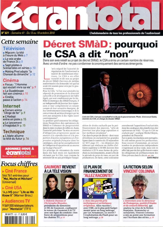 ECRAN TOTAL magazine side cover Issue 821 13 October 2010