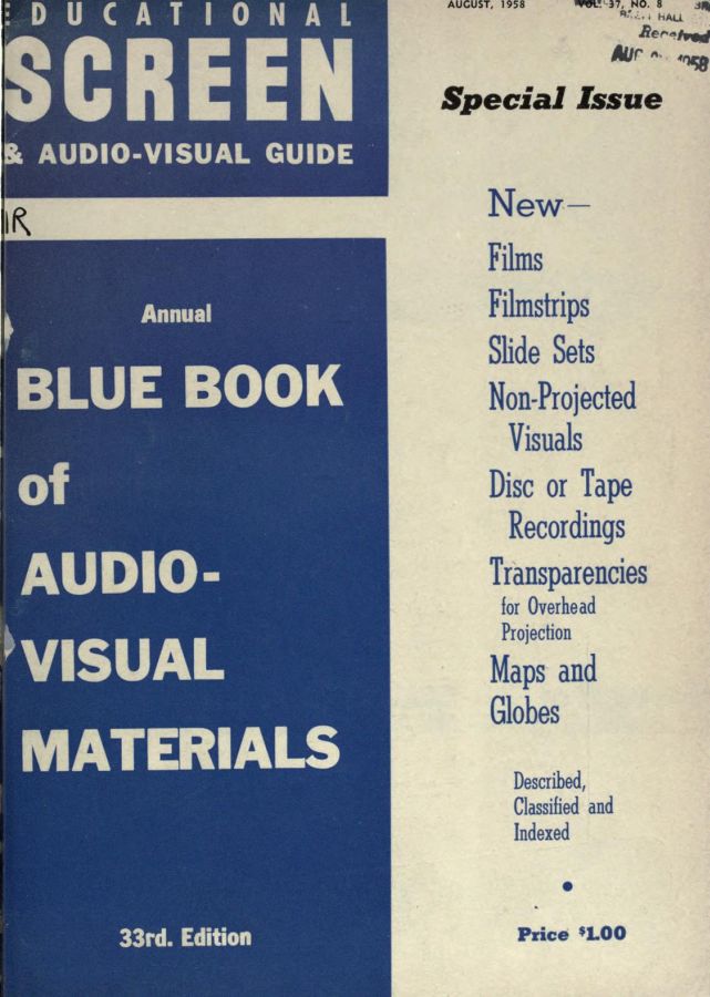 EDUCATIONAL SCREEN magazine side cover August 1958