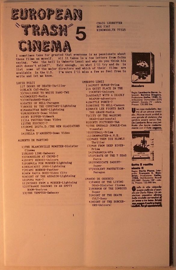 EUROPEAN TRASH CINEMA magazine side cover Issue 5  Vol 1 # 5  1989