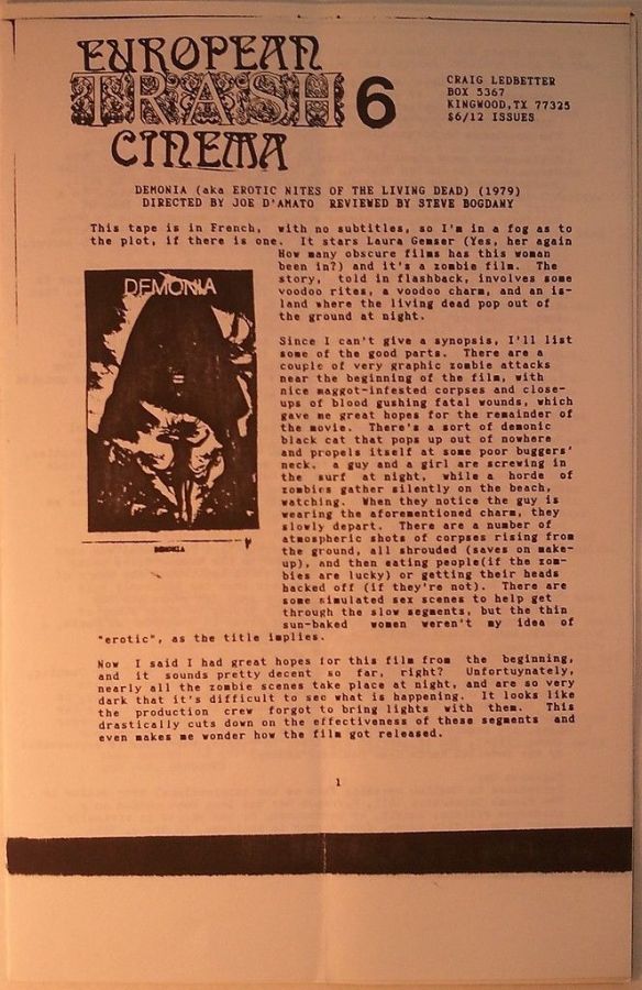EUROPEAN TRASH CINEMA magazine side cover Issue 6  Vol 1 # 6  1989