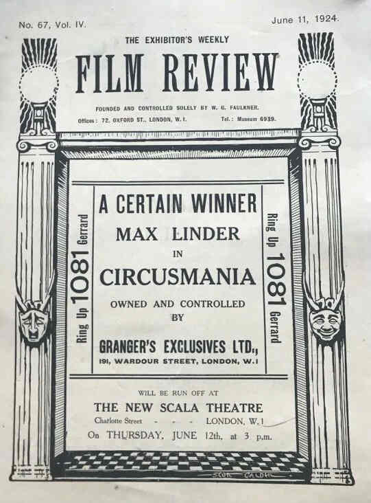 EXHIBITORS WEEKLY FILM REVIEW magazine side cover Issue 67 11 June 1924