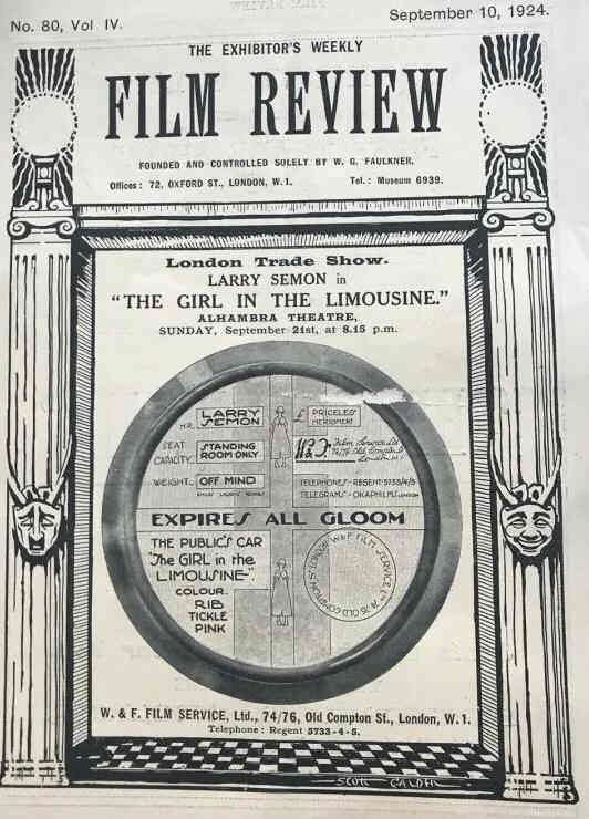 EXHIBITORS WEEKLY FILM REVIEW magazine side cover Issue 80 10 September 1924