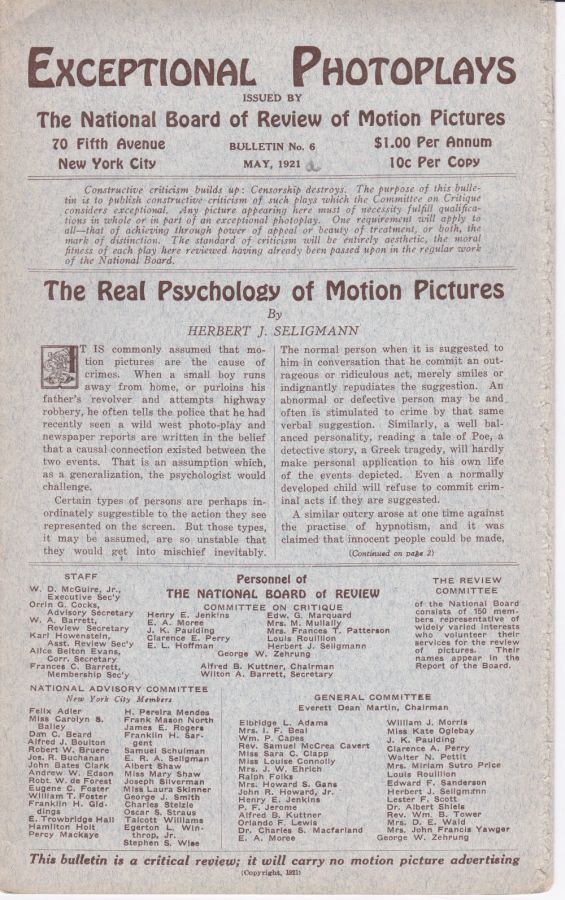 EXCEPTIONAL PHOTOPLAYS magazine side cover Issue 6  May 1921