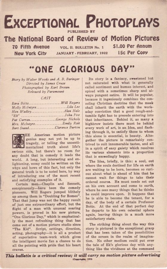 EXCEPTIONAL PHOTOPLAYS magazine side cover  January/February 1922