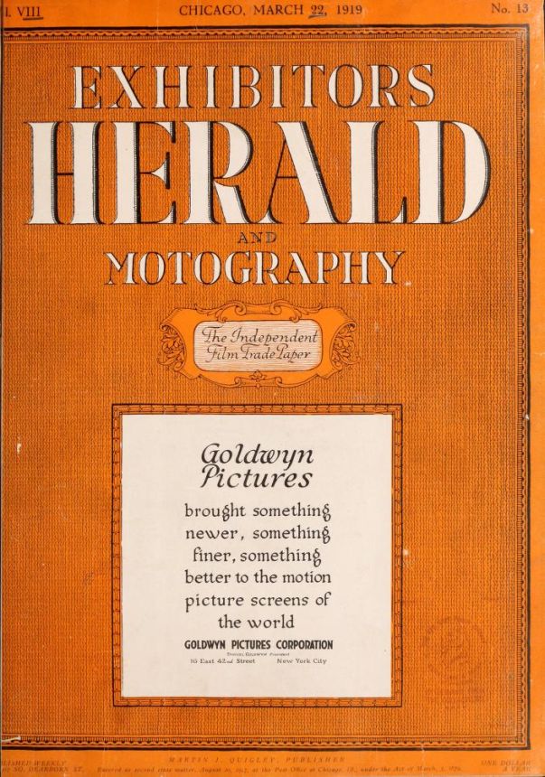 EXHIBITORS HERALD magazine side cover 22 March 1919