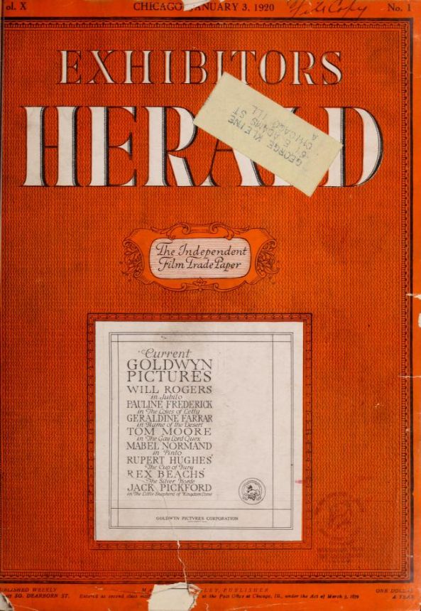 EXHIBITORS HERALD magazine side cover 3 January 1920